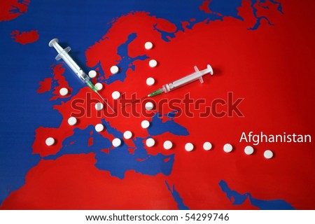 Map with drugs. Drugs road from Afghanistan through Turkey and Balkans to central and west Europe.