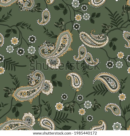 vector  flower and paisley seamless  pattern on Green
