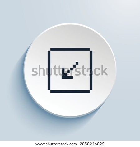 arrow down left square pixel art icon design. Button style circle shape isolated on white background. Vector illustration