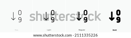 sort ascending numbers icon. Thin, Light Regular And Bold style design isolated on white background
