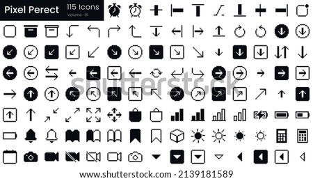 pixel icon set. Pixel Perfect Collection contains such Icons as calculator, archive, app, camera, bookmark, battery, alarm and more