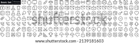 Basic outline icon set. Editable stroke thin line icons Collection contains such Icons as bookmark, lock, male, inbox, filter, clear, drone, pic, umbrella, alarm and more