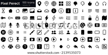 pixel icon set. Pixel Perfect Collection contains such Icons as people, headphone, phone, hourglass, pause, house and more