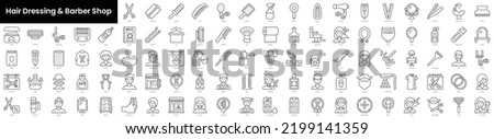 Set of outline hair dressing and barber shop icons. Minimalist thin linear web icons bundle. vector illustration.
