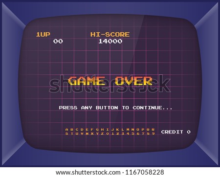 Retro arcade game machine. Screen background and font. Vector illustration.