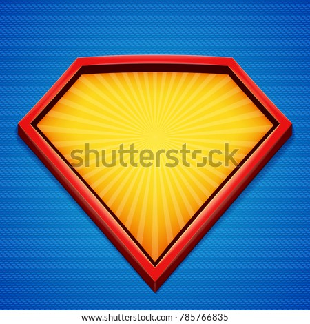 Superhero background. Superhero logo template. Red, yellow frame with divergent rays on blue backdrop. Vector illustration.