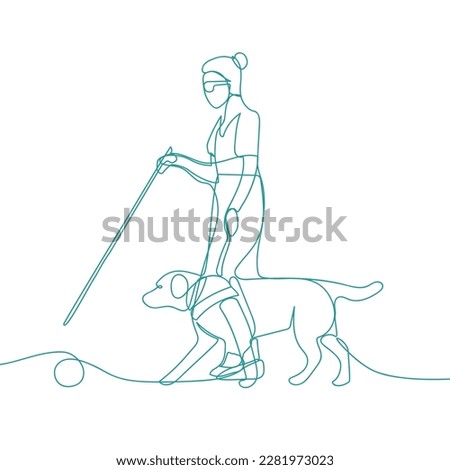 Continuous line drawing of blind person with a guide dog. Pet care and friendship concept. Professional guide dog one line drawing.