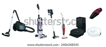 Vacuum cleaner types, vertical and robot vacuum cleaner, robot vacuum cleaner station. Broom set.