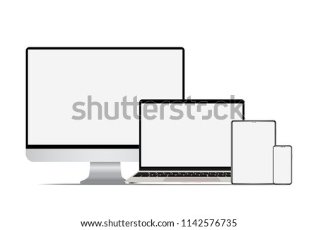 Set of realistic computer laptop tablet and smartphone. Electronic gadgets, isolated, on white background