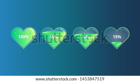 Heart progress bar, batteries, charging love, set of progress bar of heart for web, print. Vector illustration