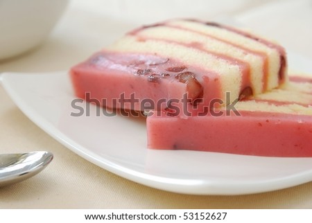 Closeup of pink sponge cake made with healthy red beans. For concepts such as food and beverage, diet and nutrition, and sweets and cakes.