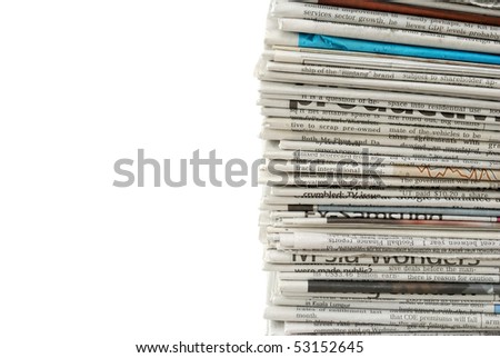 New and unread stack of newspapers isolated on white background, signifying energy consumption, renewable resources, and environmental conservation concepts.