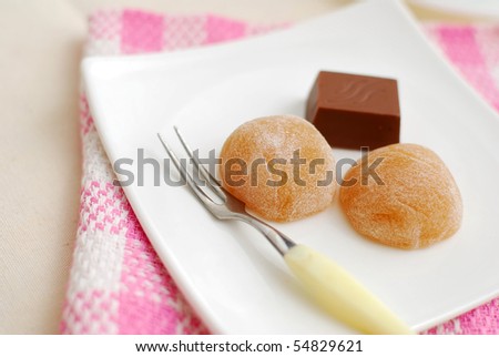 Japanese traditional tea sweets and chocolate. For concepts such as food and beverage, diet and nutrition, and healthy lifestyle.