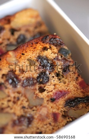 Sumptuous fruit cake as a snack. Suitable for food and beverage, and health and nutrition concepts.