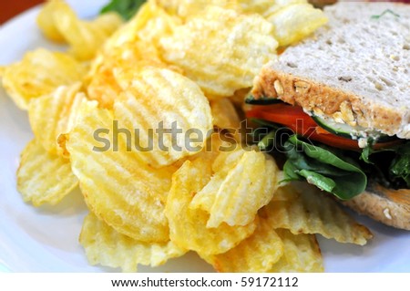 Closeup of potato chips and sandwich, showing a contrast between healthy and unhealthy food. Suitable for concepts such as diet and nutrition, healthy lifestyle, and food and beverage.