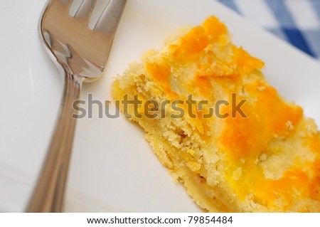 Macro shot of delicious fruit pastry on white saucer and fork.
