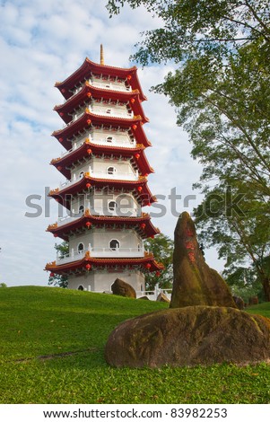 Traditional landmark of Chinese pagoda in Chinese Garden.