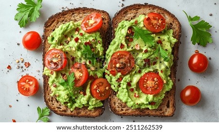 Similar – Image, Stock Photo Homemade toasted bread with fried egg, spinach and aromatic herbs