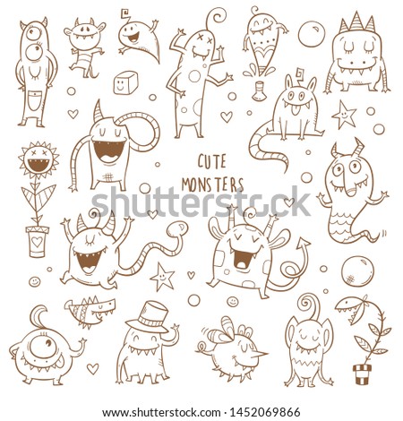 Vector monsters set. Cute cartoon fantastic animals. Doodle style. Contour image no fill.