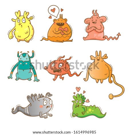 Vector monsters set. Cute cartoon fantastic animals. Doodle style. Colorful contour images.