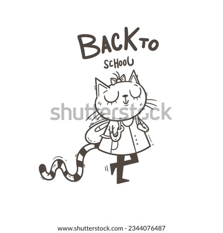 Back to school vector card. Cute cartoon cat schoolgirl with backpack. Contour image no fill.