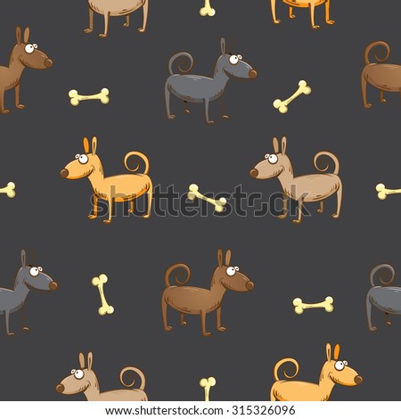 Vector seamless pattern with cute cartoon dogs and bones against a dark background.