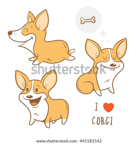 Cute cartoon dogs  breed Welsh Corgi Pembroke set. Children's illustration. Three little puppy.  Funny baby animal. Vector image.