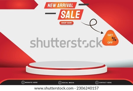 new arrival sale discount with landscape template banner and copy space 3d podium for product sale with abstract gradient red and white background design