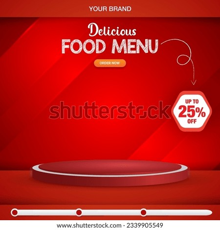 delicious food menu square banner for social media post with copy space 3d podium for food sale with abstract gradient red background design