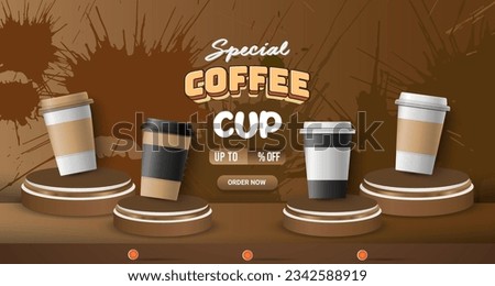 special coffe cup discount with landscape template banner and copy space 3d podium for product sale with abstract gradient brown background design