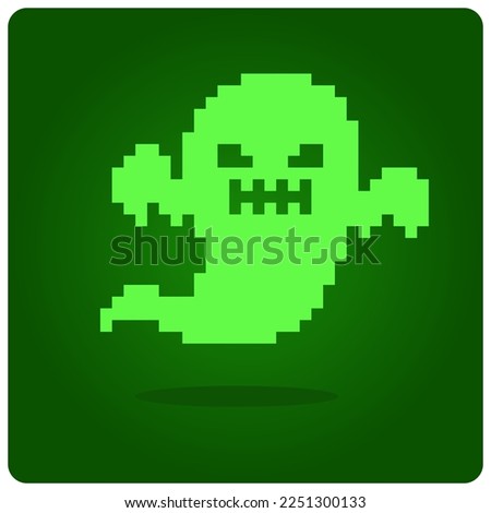 8 bits of ghost pixels. Green funny ghosts fly in vector illustrations.