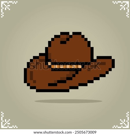 Cowboy hat in 8 bit pixel art for game assets and Cross Stitch patterns in vector illustration.