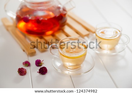 the tea and teapot on a table