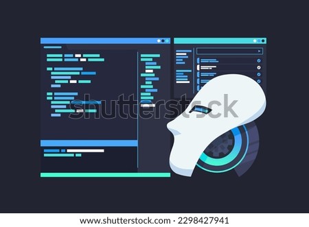 Coding Assistant Artificial Intelligence Robot Programming Pair Code Refactoring Generation and Debugging Vector Illustration Concept