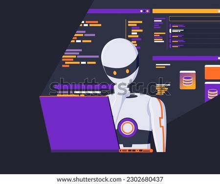 AI Coding Assistant Robot Programming Pair Code Refactoring Generation and Debugging Vector Illustration Concept