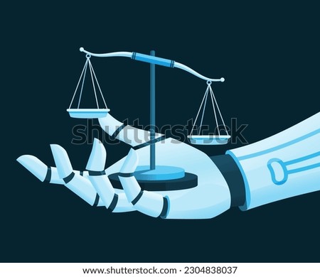 AI Law Policy Regulation Illustration Concept Robot Hand and Scale Law Artificial Intelligence Moral Ethic Vector Design