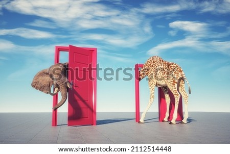 Giraffe entering a door and gets out as an elephant. Changing mindset and different approach concept. Life changing decision and new opportunities. This is a 3d render illustration 商業照片 © 