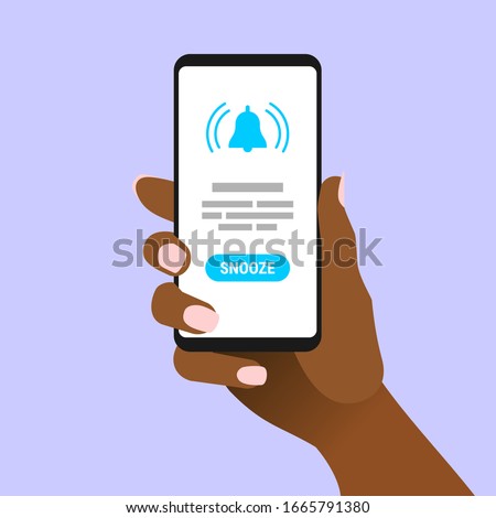 African female hand hold smartphone with alert message on screen. Afro-american woman showing cell phone with bell alarm icon on display. Touch screen gadget in womans arm. Vector EPS8 illustration.