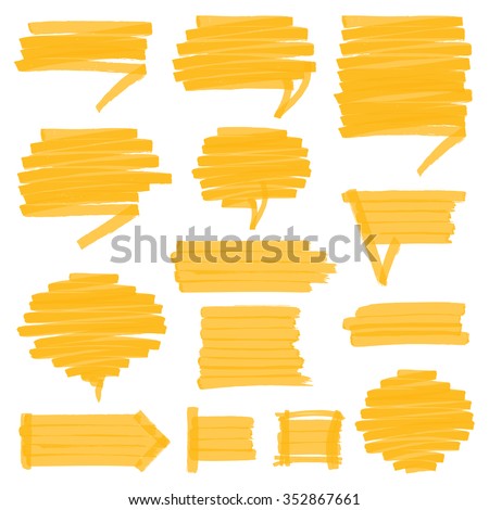 Set of hand drawn highlighter speech bubbles, marks and pointers. Can be used for text highlighting, marking or coloring in your designs. Optimized for one click color changes.