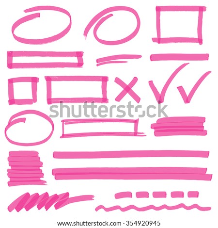 Set of hand drawn highlighter design elements, marks, stripes and strokes. Can be used for text highlighting, marking or coloring in your designs. Optimized for one click color changes. EPS10 vector.