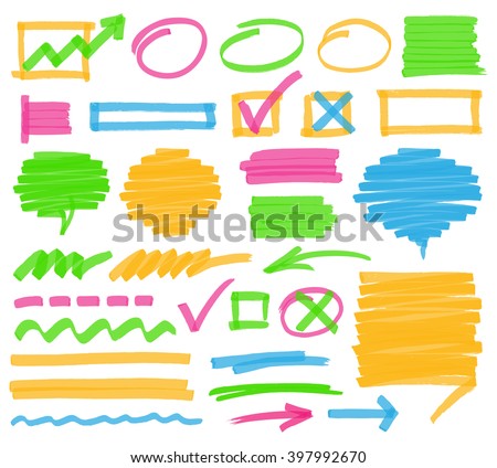 Highlighter marker design elements. Set of highlighter marks, stripes, strokes, shaded speech bubbles and arrows. Optimized for one click color changes. Transparent colors EPS10 vector.