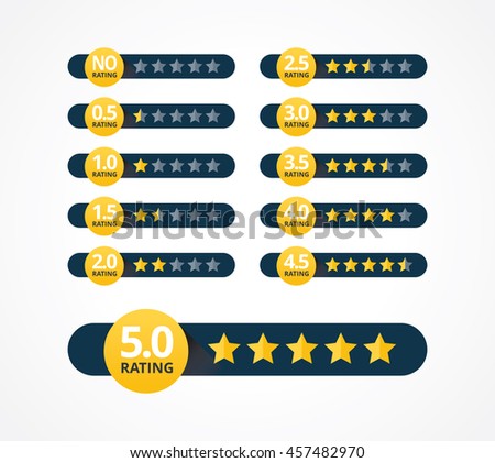 Set of stars rating design elements. Kit of star shapes for ranking interface. Voting symbols from zero to ten points. Vector illustration in flat style.