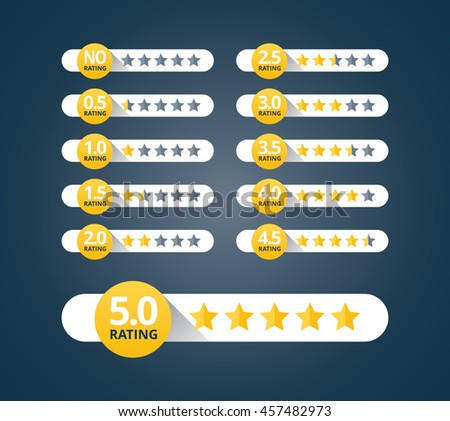 Stars rating design elements kit. Set of star shapes for ranking interface. Voting symbols from zero to ten points. Vector illustration in flat style.