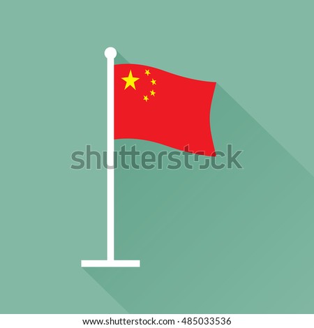 Flag of the Peoples Republic of China on flagpole. Waving red banner charged in the canton with five golden stars. Vector illustration in eps8 format.