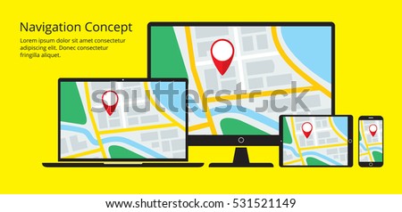 Concept of responsive navigation application for desktop computer, laptop, tablet PC and smartphone. Map with GPS location mark displayed on some devices. Flat style vector illustration eps8 format.