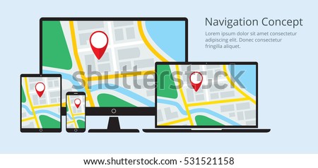 Concept of responsive navigation application for desktop computer, laptop, tablet PC and smartphone. Map with GPS location mark displayed on some devices. Flat style vector illustration eps8 format.