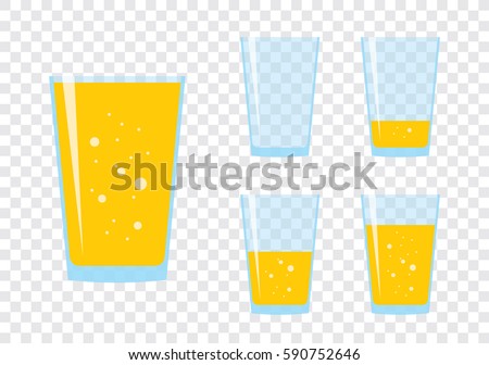Glasses with fresh sparkling orange or carrot juice. Set of flat icons isolated on checkered background. Yellow liquid in transparent container. Stylized vector eps10 illustration with transparency.