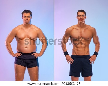 Awesome Before and After Weight Loss fitness Transformation. The man was fat but became athlet. Fat to fit concept. Stockfoto © 