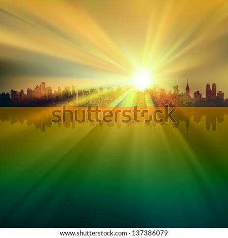 abstract background with silhouette of New York and sunrise