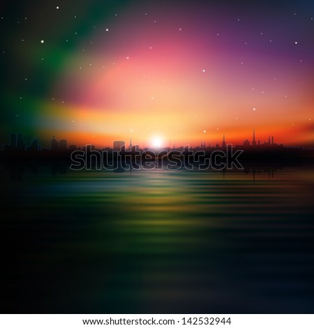 abstract stars background with silhouette of Tallinn and sunrise